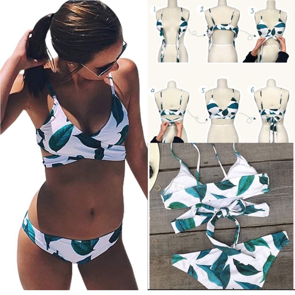 Cupshe Two Piece Swimsuit Wrap Top Laurel Tree Leaves Bikini NWT